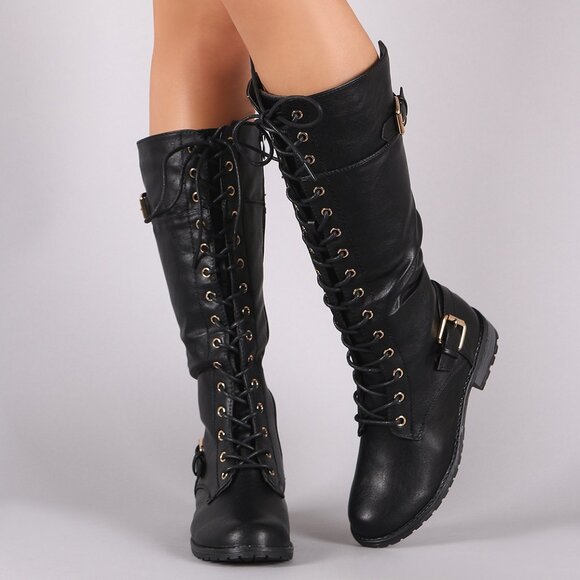 Black Lace-Up Combat Boots - Picture 3 of 10